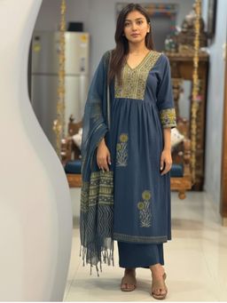 Gahan - Womens Blue Rayon Blend Printed A-Line Kurta with Palazzo & Dupatta