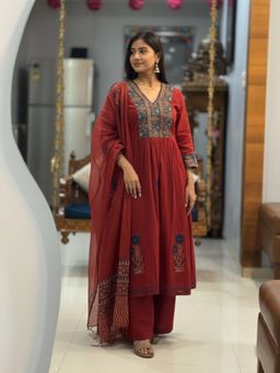 Gahan - Womens Maroon Rayon Blend Printed A-Line Anarkali Kurta with Pant & Dupatta