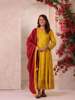 Gahan - Womens Yellow Rayon Blend Printed Anarkali Kurta with Dupatta