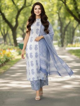 Gahan - Womens White Rayon Blend Printed Straight Kurta with Pant & Dupatta