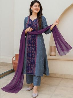 Gahan - Womens Blue Rayon Blend Printed Straight Kurta with Pant & Dupatta