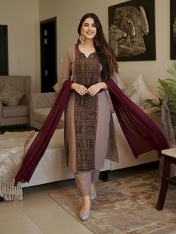 Gahan - Womens Brown Rayon Blend Printed Straight Kurta with Pant & Dupatta