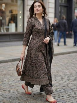 Gahan - Womens Black Rayon Blend Printed A-Line Anarkali Kurta with Pant & Dupatta