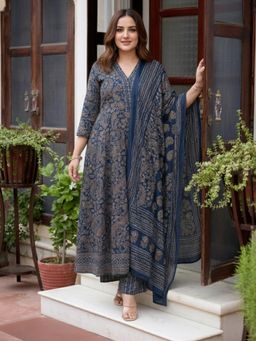 Gahan - Womens Blue Rayon Blend Printed A-Line Anarkali Kurta with Pant & Dupatta