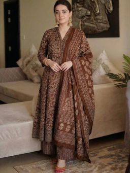 Gahan - Womens Brown Rayon Blend Printed A-Line Anarkali Kurta with Pant & Dupatta