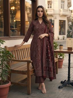 Gahan - Womens Maroon Rayon Blend Printed A-Line Kurta with Pant & Dupatta