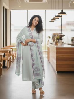 Gahan - Womens Sky Blue Rayon Blend Printed Straight Kurta with Pant & Dupatta