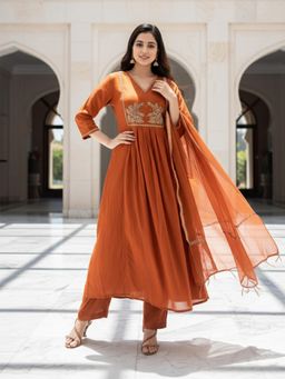 Gahan - Womens Orange Rayon Blend Solid A-Line Anarkali Kurta with Pant & Dupatta