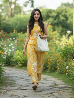 Gahan - Womens Yellow Rayon Blend Printed A-Line Kurta with Palazzo