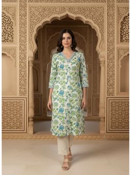 Gahan - Womens White Katha Work Cotton Flex Floral Print Kurta