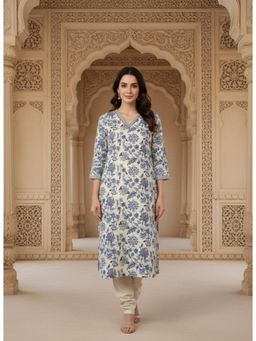 Gahan - Womens Blue Cotton Flex Floral Straight Kurta