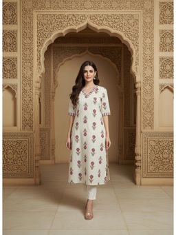 Gahan - Womens White Cotton Flex Floral Printed Kurta