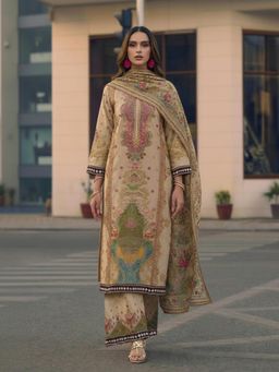 Gahan - Womens Beige Rayon Blend Printed Straight Kurta with Palazzo & Dupatta