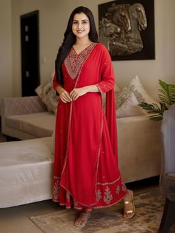 Gahan - Womens Pink Rayon Blend Printed A-Line Anarkali Kurta with Pant & Dupatta