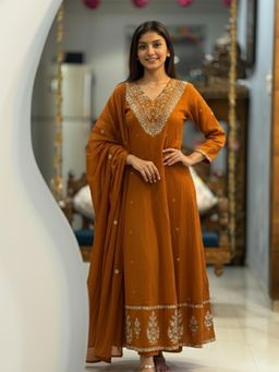 Gahan - Womens Mustard Rayon Blend Printed A-Line Anarkali Kurta with Pant & Dupatta