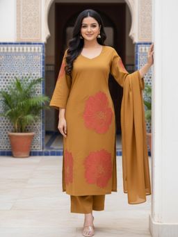 Gahan - Womens Mustard Rayon Blend Floral Printed Straight Kurta with Pant & Dupatta
