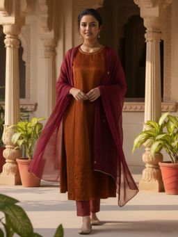 Gahan - Womens Yellow Rayon Blend Solid A-Line Kurta with Pant & Dupatta