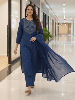 Gahan - Womens Blue Rayon Blend Printed Straight Kurta with Pant & Dupatta