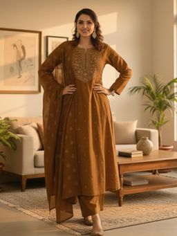 Gahan - Womens Brown Rayon Blend Printed Straight Kurta with Pant & Dupatta