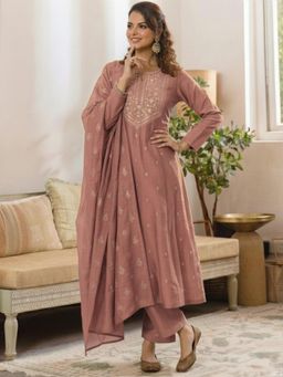 Gahan - Womens Peach Rayon Blend Printed Straight Anarkali Kurta with Pant & Dupatta