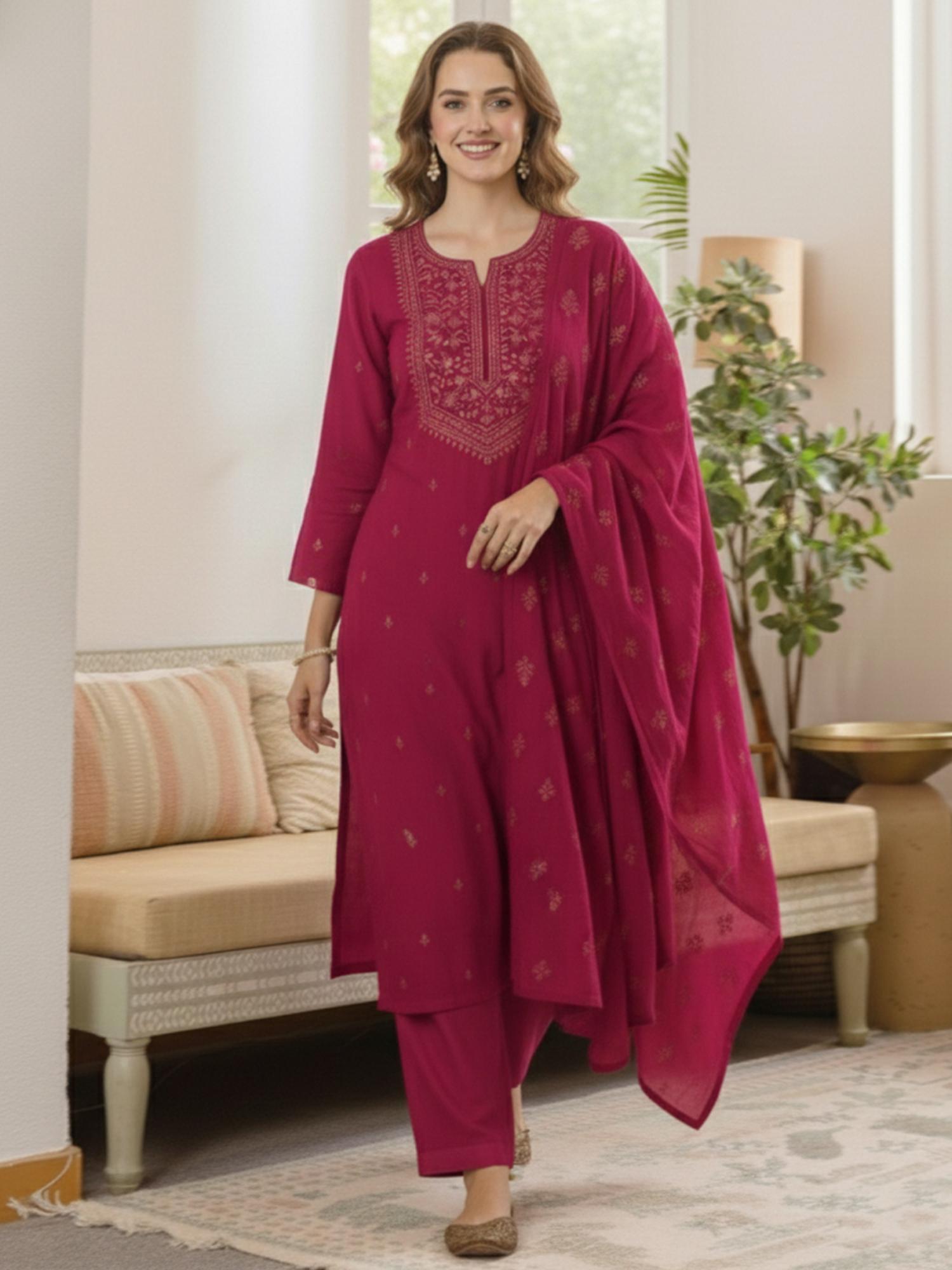gahan Womens Pink Rayon Blend Printed Straight Kurta with Pant & Dupatta-picture-16