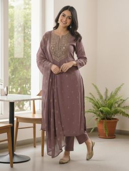 Gahan - Womens Mauve Rayon Blend Printed Straight Kurta with Pant & Dupatta