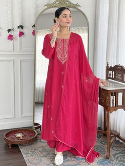 Gahan - Womens Pink Rayon Blend Embroidered Anarkali Kurta with Pant & Dupatta