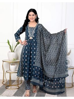 Gahan - Womens Blue Rayon Blend Printed A-Line Kurta with Pant & Dupatta