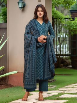 Gahan - Womens Teal Rayon Blend Printed Straight Kurta with Pant & Dupatta