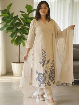 Gahan - Womens Cream Poly Cotton Printed Straight Kurta with Pant & Dupatta