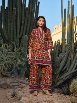 Gahan - Womens Maroon Ajrakh Inspired Ethnic Printed Kurta & Pant