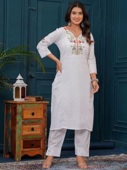 Gahan - Womens White Khadi Cotton Embroidered Straight Kurta with Pant
