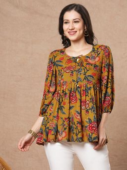 Gahan - Womens Yellow Printed Rayon Blend Short Top