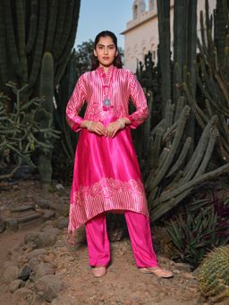 Gahan - Womens Pink Gajji Silk Striped Mandarin Collar Kurta with Pant