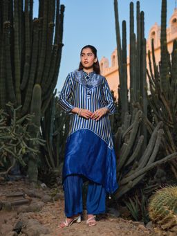 Gahan - Womens Blue Gajji Silk Striped Mandarin Collar Kurta with Pant