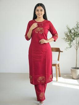 Gahan - Womens Red Rayon Blend Embroidered Straight Kurta with Palazzo