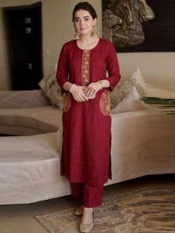 Gahan - Womens Red Rayon Blend Embroidered Straight Kurta with Palazzo