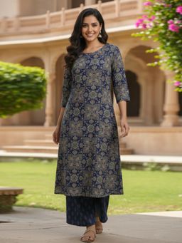 Gahan - Womens Blue Rayon Blend Printed Straight Kurta with Palazzo