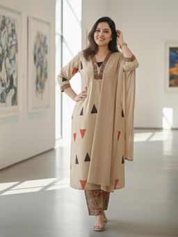 Gahan - Womens Cream Rayon Blend Printed A-Line Kurta with Pant & Dupatta