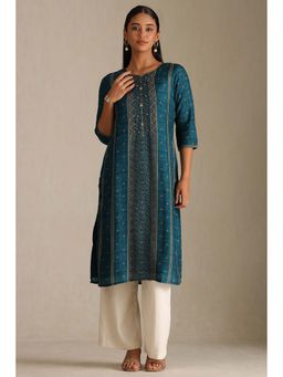 Soch - Women Teal Dola Silk Botanical Print Kurta with Mirror & Stone