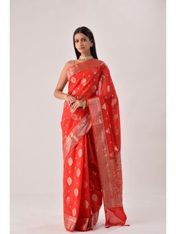 Sutra Attire - Red Banarasi Georgette Saree with Unstitched Blouse
