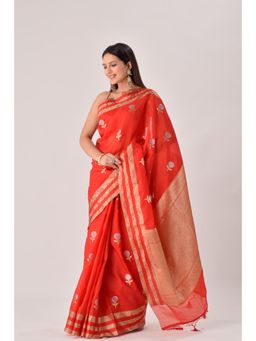 Sutra Attire - Red Banarasi Cotton Silk Saree with Unstitched Blouse