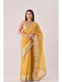 Sutra Attire - Saffron Yellow Banarasi Crinkled Tissue Saree with Unstitched Blouse