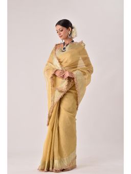 Sutra Attire - Beige Banarasi Crinkled Tissue Saree with Unstitched Blouse