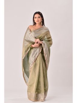 Sutra Attire - Olive Green Banarasi Handwoven Tissue Saree with Unstitched Blouse