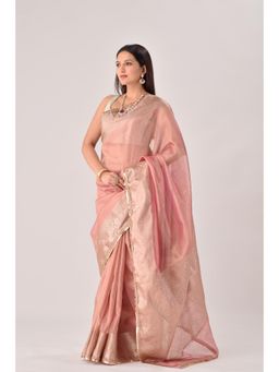 Sutra Attire - Salmon Pink Banarasi Handwoven Tissue Saree with Unstitched Blouse