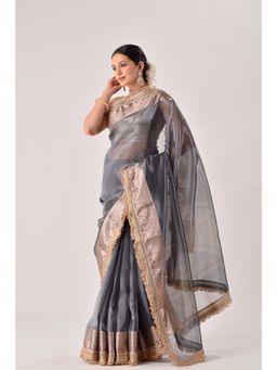 Sutra Attire - Metallic Grey Banarasi Handwoven Tissue Saree with Unstitched Blouse