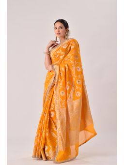 Sutra Attire - Yellow Floral Banarasi Georgette Saree with Unstitched Blouse