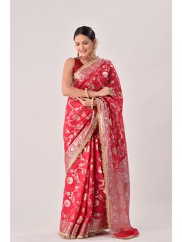 Sutra Attire - Cherry Red Floral Banarasi Georgette Saree with Unstitched Blouse