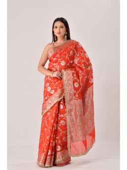 Sutra Attire - Rose Red Floral Banarasi Georgette Saree with Unstitched Blouse
